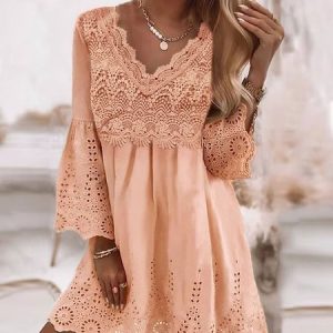 V Neck Lace Casual Loose Dress, Dresses, color:Apricot|size:XXL, JustFashionNow