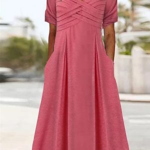 Plain V Neck Loose Casual Plain Pocket Knot Front Dress, Dresses, color:Pink|size:XXL, JustFashionNow