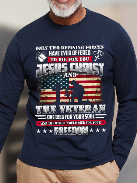 American Flag God Jesus Christ Die For Your Soul Veterans For Your Casual Crew Neck T-Shirt, color:Dark Blue|size:3XL, Lilicloth.com