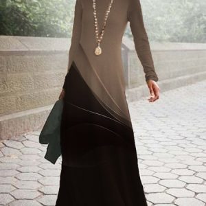 Women Abstract Crew Neck Long Sleeve Comfy Casual Maxi Dress, Maxi, color:Brown|size:XXL, Noracora
