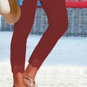 Casual Plain Lace Pants Leggings, Leggings, color:Wine Red|size:XXL, Noracora