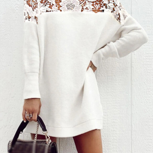 Loose Crew Neck Casual Dress, Short, color:White|size:XXL, Noracora