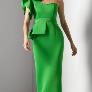 Plain Tight One Shoulder Party Party Dress, Midi Dresses, color:Green|size:XXL, Stylewe