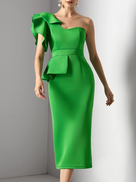 Plain Tight One Shoulder Party Party Dress, Midi Dresses, color:Green|size:XXL, Stylewe