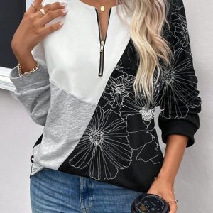 Knitted Floral Casual Zipper Sweatshirt, Sweatshirts & Hoodies, color:Black|size:XXL, JustFashionNow