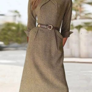Urban Plain Loose Shirt Collar Dress, Dresses, color:Khaki|size:XXL, JustFashionNow