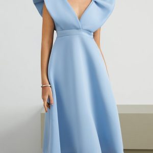 Regular Fit Plain V Neck Elegant Wedding Guest Dress, Midi Dresses, color:Sky Blue|size:XXL, Stylewe