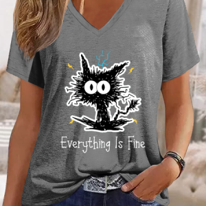 Women's Funny Cat Everything Is Fine Casual Cat V Neck Cotton-Blend T-Shirt, color:Deep Gray|size:3XL, Lilicloth.com