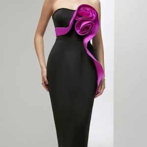 Elegant Strapless Floral Regular Fit Party Dress, Midi Dresses, color:Purple|size:XXL, Stylewe