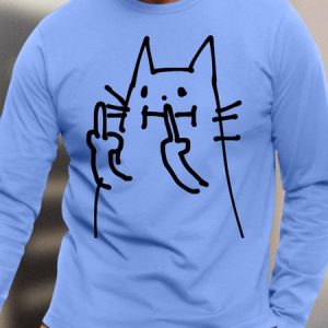 Men's Satirical Humor Cat Long Sleeve T-shirt Casual Text Letters Regular Fit Long Sleeve T-Shirt, color:Light Blue|size:3XL, Lilicloth.com