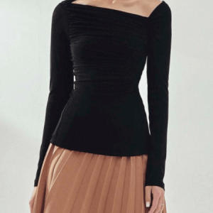 Spring Simple Daily Asymmetrical Neck Long Sleeve Top, Tees, color:Black|size:XXL, Stylewe