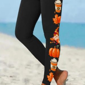 Women's Halloween Gnome Pumpkin Maple Leaf Simple Legging, color:Black|size:3XL, Lilicloth.com