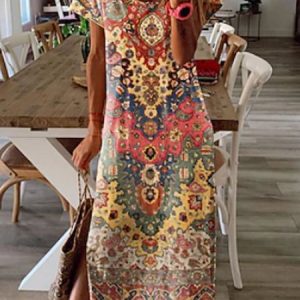 Regular Fit Casual Crew Neck Geometric Dress, Maxi, color:Multicolor|size:XXL, Noracora