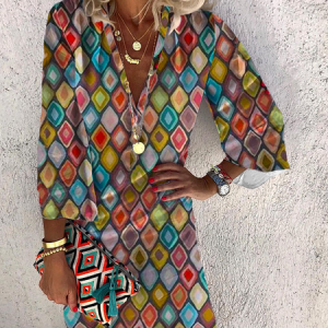 Women's Casual Boho Geometric Printed long sleeve Dress, Short, color:Multicolor|size:XS, Noracora