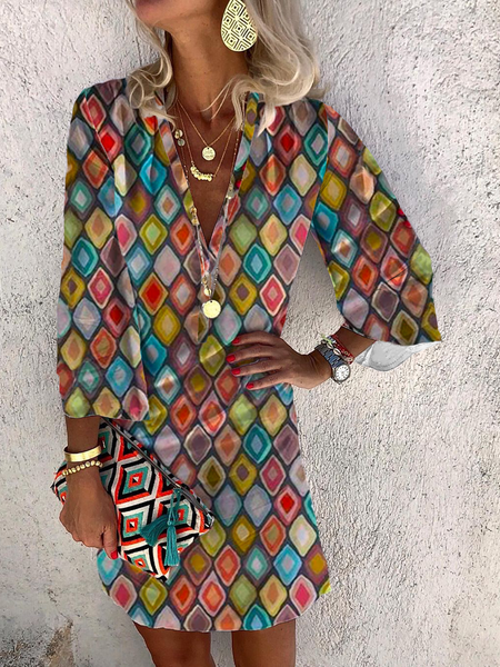 Casual Boho Geometric Printed Dress, Dresses, color:Multicolor|size:XS, JustFashionNow