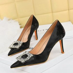 Square Rhinestone Decor Abstract Print Stiletto Heel Shallow Pumps, Heels, color:Black|size:40, Stylewe