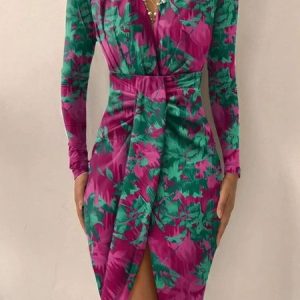 Floral Elegant Tight Long Sleeve Midi Dress With No Belt, Midi Dresses, color:As Picture|size:XXL, Stylewe