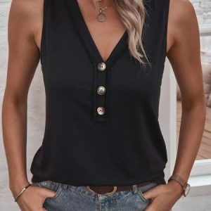 Casual V Neck Buckle Jersey Tank Top, Tanks & Camis, color:Black|size:XXL, JustFashionNow