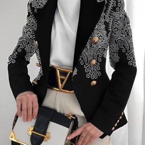 Urban Regular Fit Floral Lapel Collar Buttoned Blazer, Blazers, color:Black|size:XXL, Stylewe