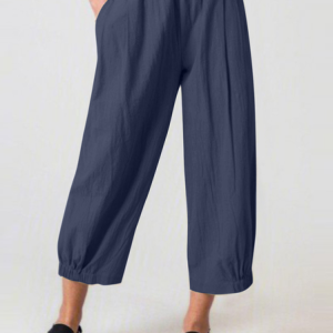 Women's Summer Wide Leg Capri Drawstring Elastic High Waist Cotton Cropped Trousers with Pockets, color:Navyblue|size:4XL, Lilicloth.com