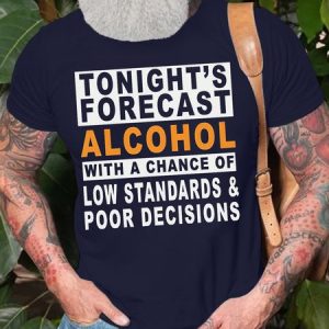 Men's Funny Tonight's Forecast Alcohol With A Chance Of Low Standards Poor Decisions Graphic Printing Text Letters Cotton Crew Neck Casual T-Shirt, color:Purplish blue|size:3XL, Lilicloth.com