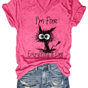 I Am Fine Everything Is Fine Slogan Tshirt Print Tee Casual T-shirt, color:Pink|size:3XL, Lilicloth.com