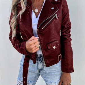 Plain Lapel Collar Street Leather & Faux Leather, Jackets, color:Wine Red|size:3XL, Noracora