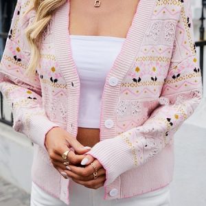 Women Wool/Knitting Disty Floral Long Sleeve Comfy Urban Cardigan, Cardigans, color:Pink|size:XL, Noracora