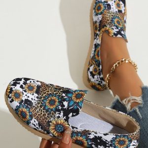 West Style Sunflower Print Slip On Shoes, Flats, color:White|size:43, JustFashionNow