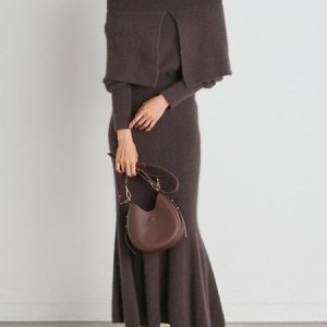 Elegant Cold Shoulder Sweater Dress, Maxi Dresses, color:Brown|size:XXL, Stylewe