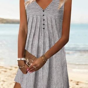 Casual Loose V Neck Striped Dress, Dresses, color:White|size:XXL, JustFashionNow