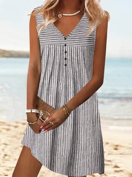 Casual Loose V Neck Striped Dress, Dresses, color:White|size:XXL, JustFashionNow