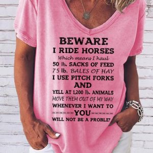 Funny Words Beware I ride Horses Tee, color:Pink|size:3XL, Lilicloth.com