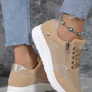 Rhinestone Soft Casual Sneakers, Sneakers, color:Khaki|size:43, JustFashionNow