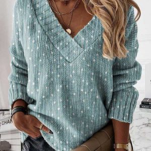 Polka Dots V neck Casual Tunic Sweater Knit Jumper, Sweaters, color:Blue|size:XXL, Noracora