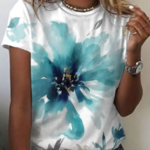 Crew Neck Floral Short Sleeve T-Shirt, T-Shirts, color:White|size:XXL, JustFashionNow