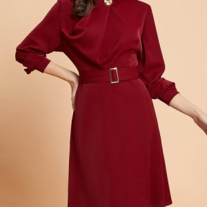 Long sleeve Regular Fit Elegant Midi Dress, Dresses, color:Crimson|size:XXL, Stylewe