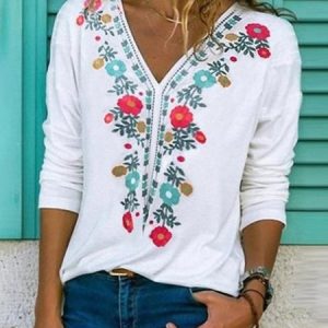 Shift Casual Cotton-Blend Long Sleeve Tops, Shirts & Blouses, color:white-blue|size:3XL, JustFashionNow