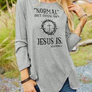 normal isn‘t coming back jesus Printed button top tunic, Shirts & Blouses, color:Red|size:XXL, JustFashionNow