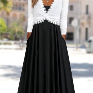 Casual Plain V Neck Regular Fit Lace Dress, Dresses, color:Black|size:XXL, JustFashionNow