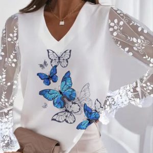 JFN V Neck Loose Butterfly Vacation Top, Shirts & Blouses, color:White|size:XXL, JustFashionNow