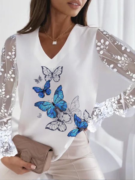 JFN V Neck Loose Butterfly Vacation Top, Shirts & Blouses, color:White|size:XXL, JustFashionNow
