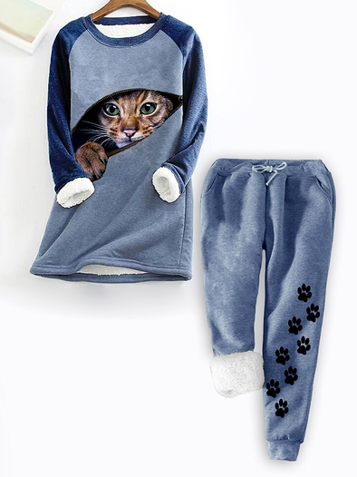 Casual Animal Crew Neck Cotton-Blend Two-Piece Set, Tops, color:Blue|size:XXL, JustFashionNow