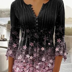 JFN V Neck Floral Flare Sleeve Top, Shirts & Blouses, color:Black|size:XXL, JustFashionNow