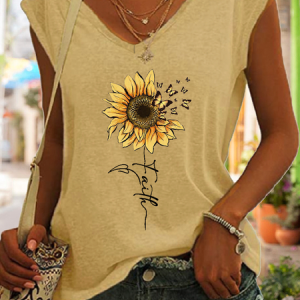 Women's Sunflower Faith Cotton-Blend V Neck Simple Tank Top, color:Khaki|size:3XL, Lilicloth.com