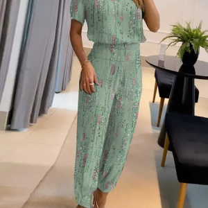 Casual Striped Regular Fit Jersey Two-Piece Set, Suit Set, color:Green|size:XXL, JustFashionNow