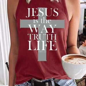 Women's JESUS IS THE WAY TRUTH LIFE V Neck Casual Tank Top, color:Red|size:3XL, Lilicloth.com