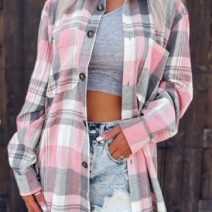 Shirt Collar Long Sleeve Plaid Buckle Regular Loose TUNIC Blouse For Women, Shirts, color:Pink|size:XL, Noracora