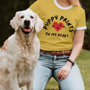 Lilicloth X Funnpaw X Kat8lyst Puppy Prints On My Heart Women's T-Shirt, color:Yellow|size:3XL, Lilicloth.com