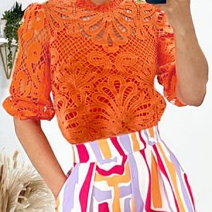 Plain Regular Fit Stand Collar Vacation Shirt, Blouses and Shirts, color:Orange|size:XXL, Stylewe
